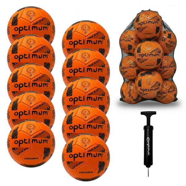Optimum Classico bulk football pack in Orange — pack of 10 with free mesh carrier and pump