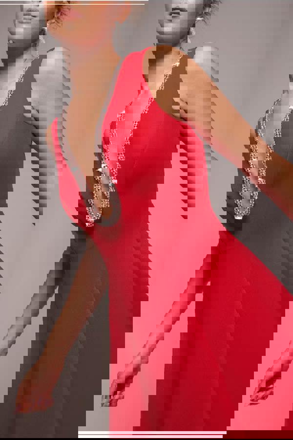 Diamante Embellished Neck A-Line Midi Dress - Red DR4599