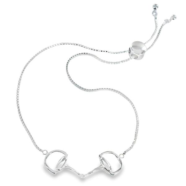 Silver bracelet with a snaffle as the central feature, sat on a box style chain with a slider toggle clasp.