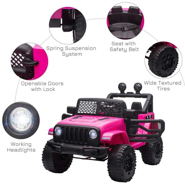 Pink ride-on off-road car with working headlights, spring suspension, and seat safety belt