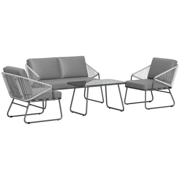 Grey rattan outdoor sofa set with two chairs and loveseat plus glass-top table
