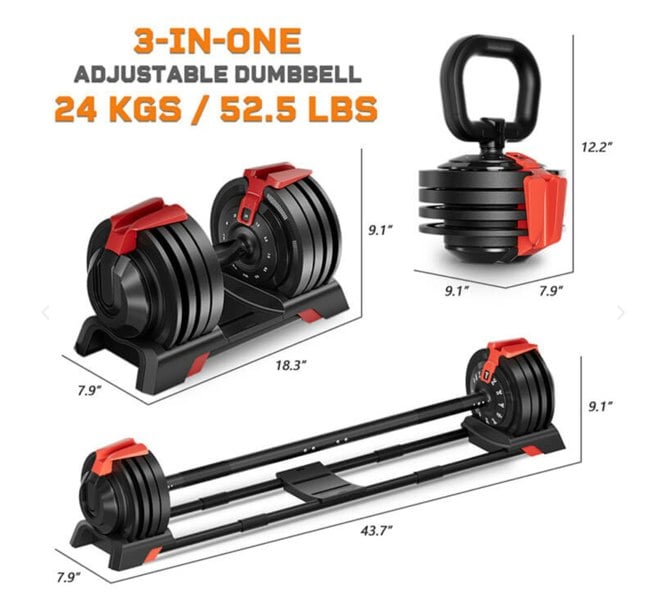 Flex Fitness Quick-Select 3-in-1 Adjustable Dumbbell-Barbell-Kettlebell Set (2-24kg, Pair)