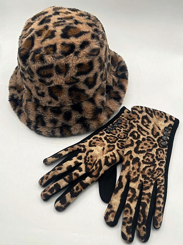 SVNX Leopard Plush Print Bucket Hat & Gloves Set