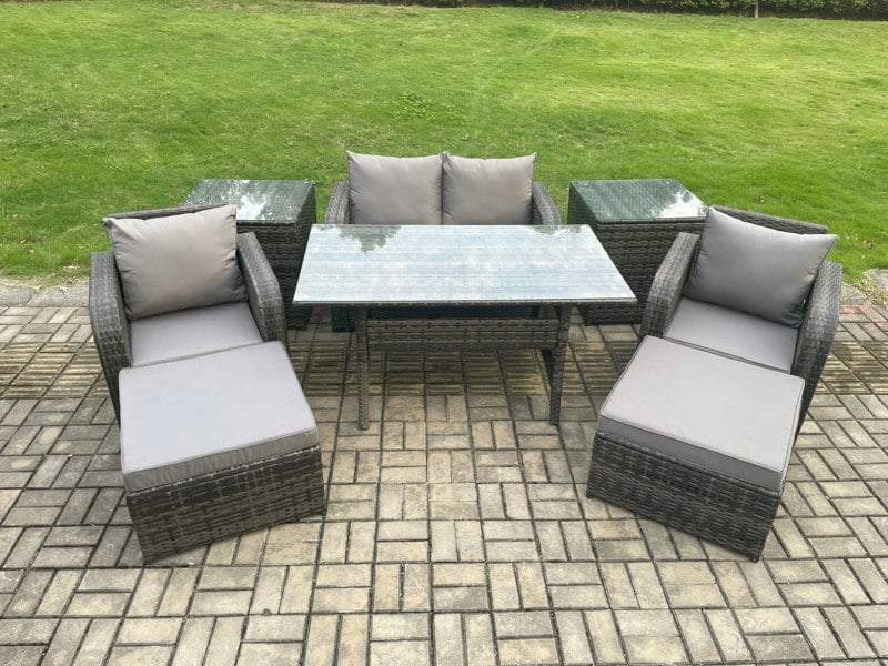 Fimous Rattan Outdoor Garden Furniture Set Rectangular Dining Table and Chair Sofa Set With 2 Side Tables 2 Big Footstool Dark Grey Mixed