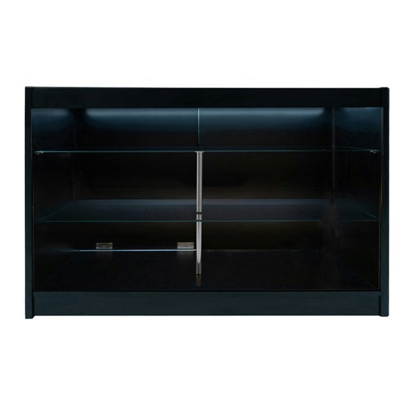 Sleek black Apollo LED shop counter set with glass shelves, featuring a modern design and illuminated interior for enhanced display