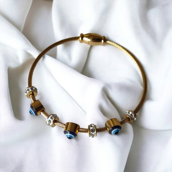 The Colourful Aura Blue Evil Eye Brass Gold Zircon Magnetic Bangle Bracelet