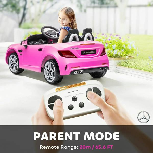 Pink kids electric ride-on car with parent remote controller and child seated