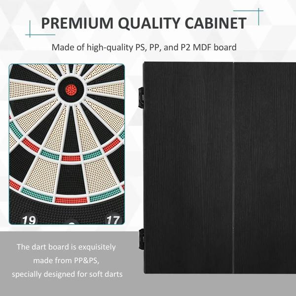 Black electronic dartboard cabinet with textured target face detail and side panel view