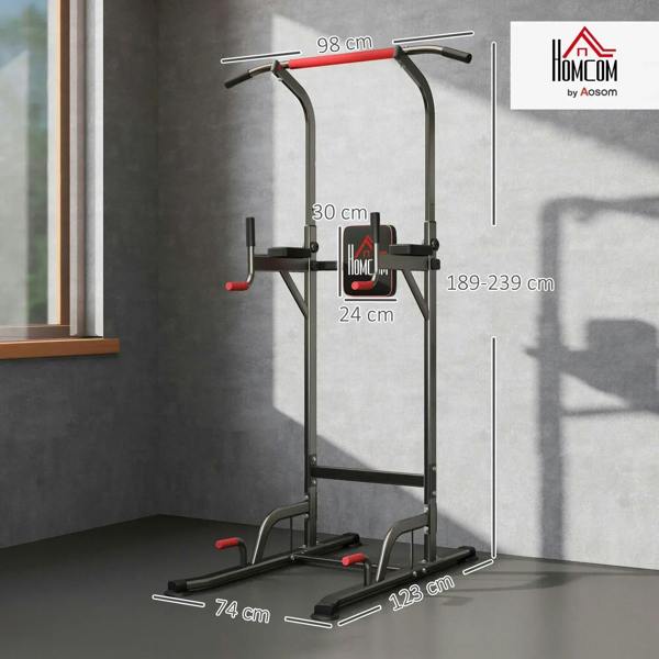Black power tower frame with pull-up bar, dip handles, and stable base supports