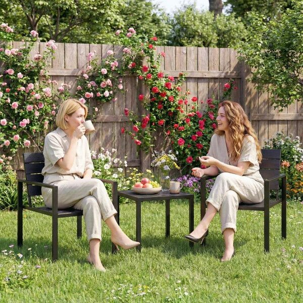 3 Pieces Garden Bistro Set for 2, Outdoor Bistro Table and Chairs with Metal Frame, Plastic Patio Furniture Set