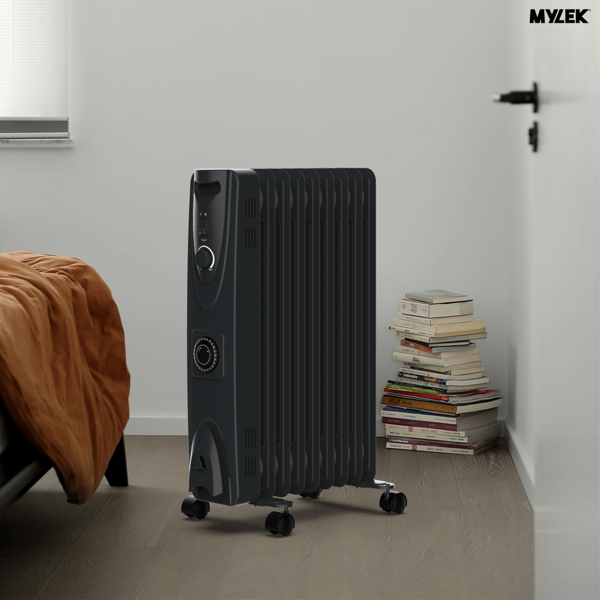 MYLEK Oil Filled Radiator 2500W Portable Heater Thermostat 3 Heat Settings Grey