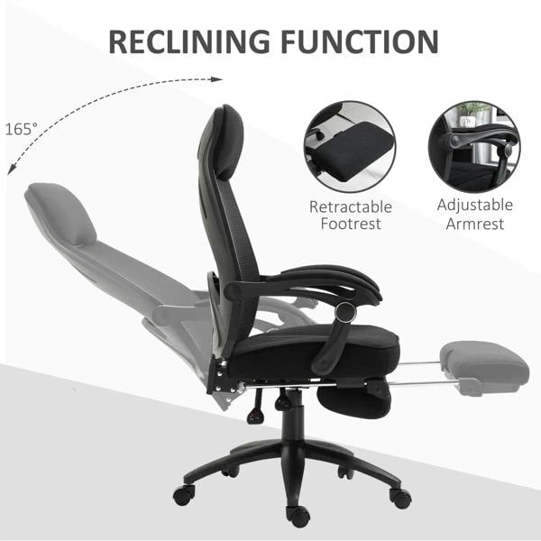Black reclining office chair with retractable footrest and adjustable armrest