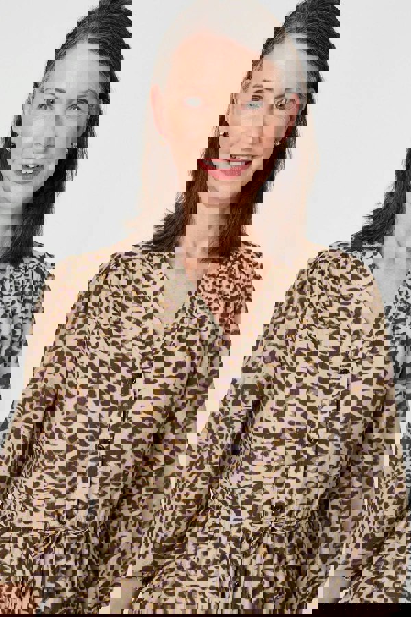 Brown | Animal Print 3/4 Puff Sleeve Midi Dress
