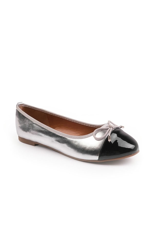 Where's That From Janice Extra Wide Ballerina Flats With Front Bow Detail in Silver Metallic