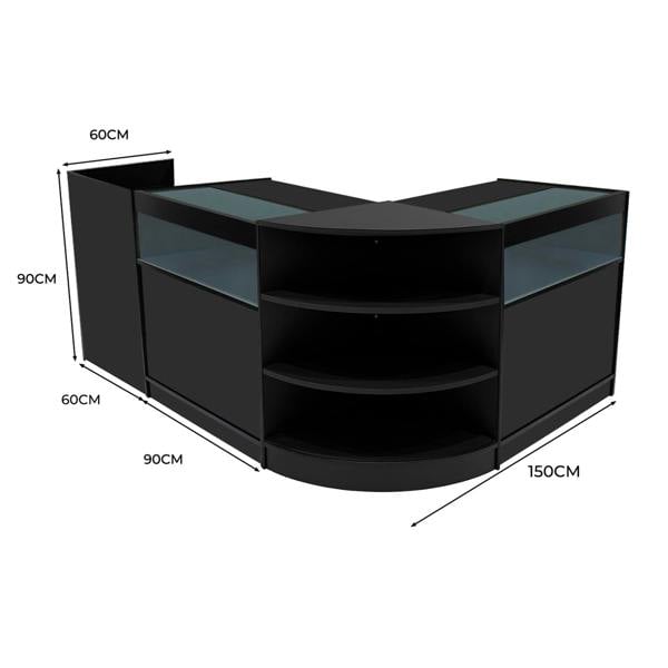 Sagittarius LED Shop Counter Set in sleek black, featuring curved design, glass display tops, and ample storage shelves, dimensions 150cm x 90cm x 90cm
