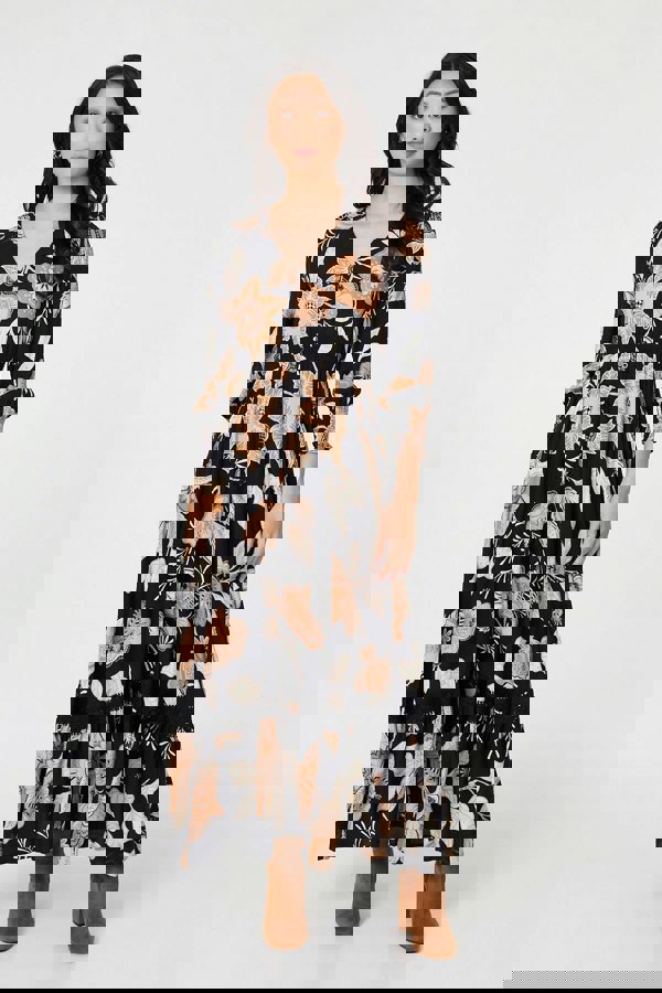 Black | Leaf Print Long Sleeve Maxi Dress
