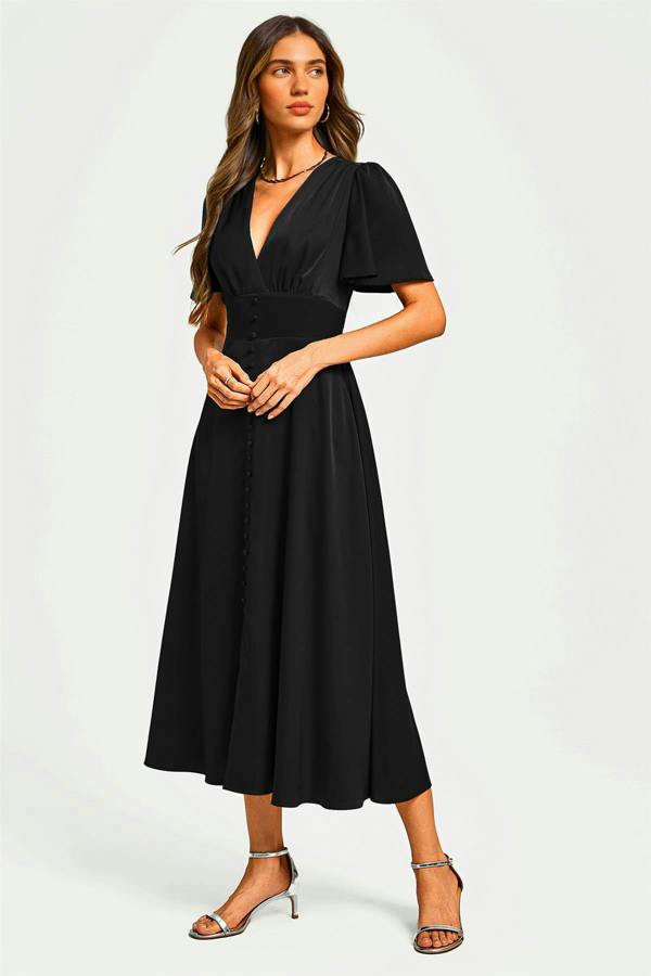 FS Collection Satin V neckline Button Detail Dress In Black