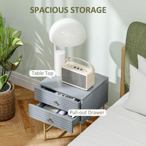 Wyld Haus Lika Set Of 2 Grey And Gold Elegant Bedside Tables Ribbed Drawers