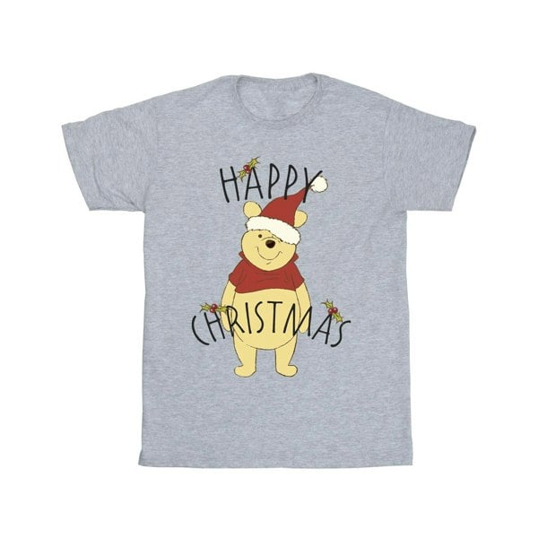 Disney Mens Winnie The Pooh Happy Christmas Holly T-Shirt - Sports Grey