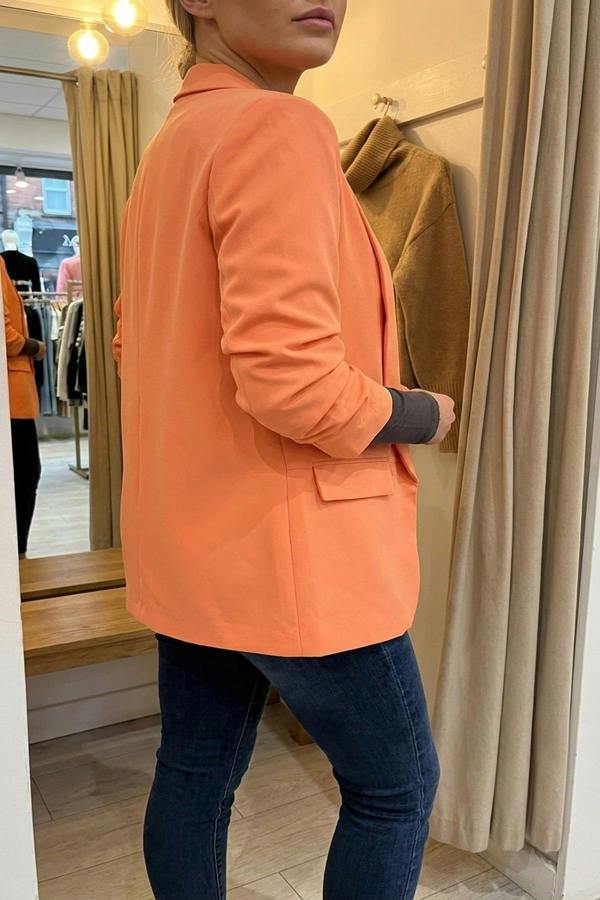 Valerie Ruched Sleeve Open Front Blazer Jacket With Front Pockets - Orange