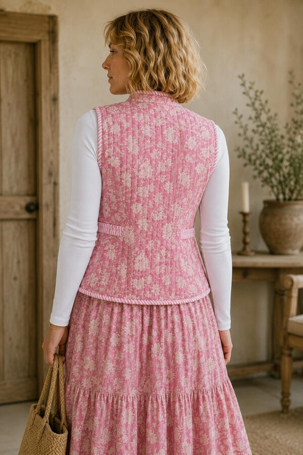 Soul Of Sita Pink LAVINIA Woodblock print waistcoat with contrast stripe lining .