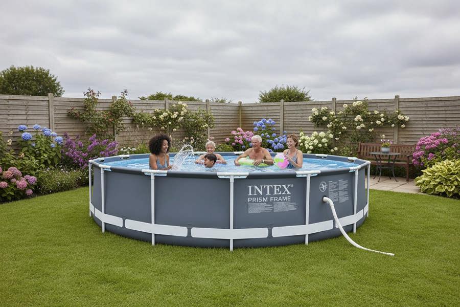 generate realistic product image of a intex round prism grey pool in a typical british garden with 4 people inside the people