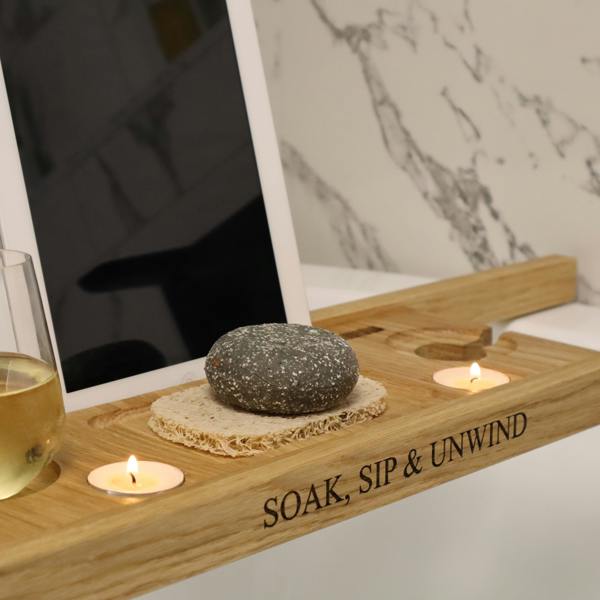 MijMoj Design Personalised Solid Oak Bath Tray Caddy – Luxury Handmade Wooden Bath Board