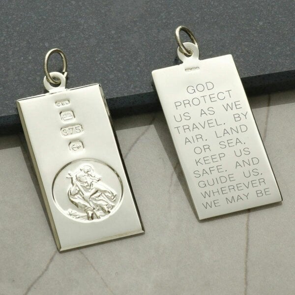 Christopher James of London 9ct White Gold Custom Hallmarked Large St Christopher Ingot With Travellers Prayer and Optional Chain