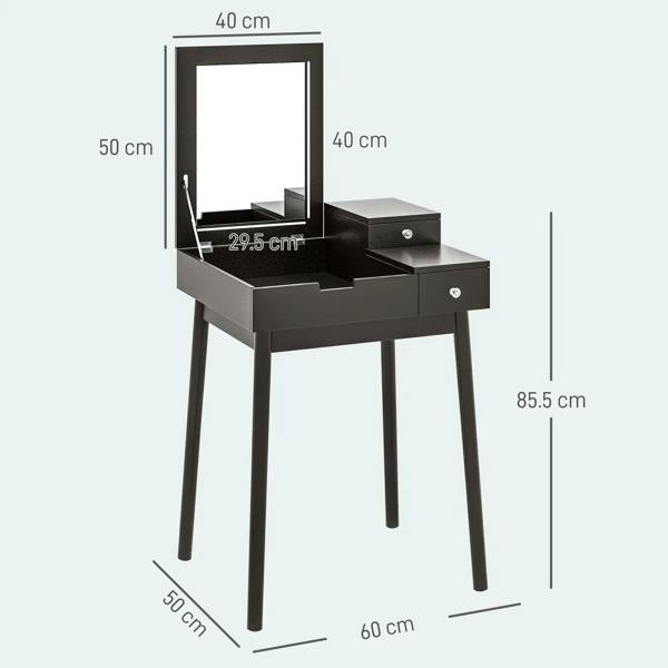 Black vanity table with flip-up mirror and two drawers, front size diagram