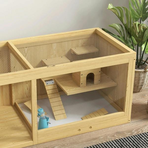 Natural wood hamster cage with mesh top and interior platforms, hut, and ladder