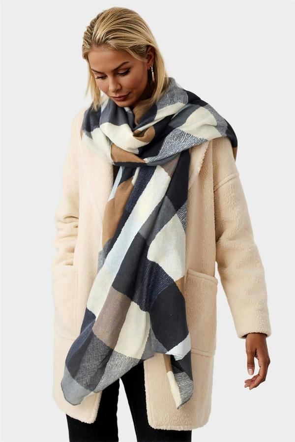 FS Collection Geo Print Scarf In Brown & Black & Grey