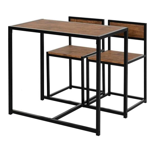Rectangular dining table with two wood-look chairs, black metal frame, natural finish