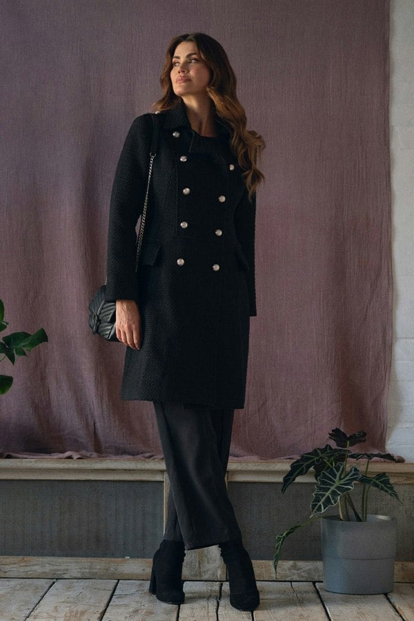 Black | Textured Knit Button Front Trench Coat