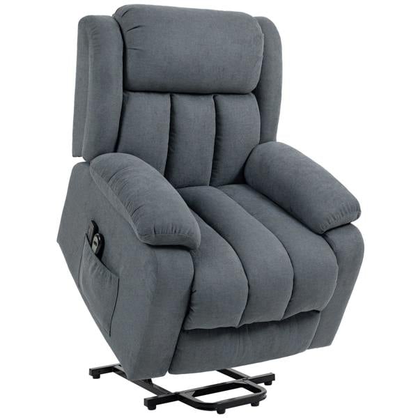 Grey lift recliner chair with padded arms and extended footrest