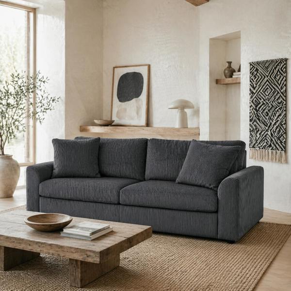 Wyld Haus Mimi Corduroy Grey 3 Seater Jumbo Sofa With Scatter Cushions