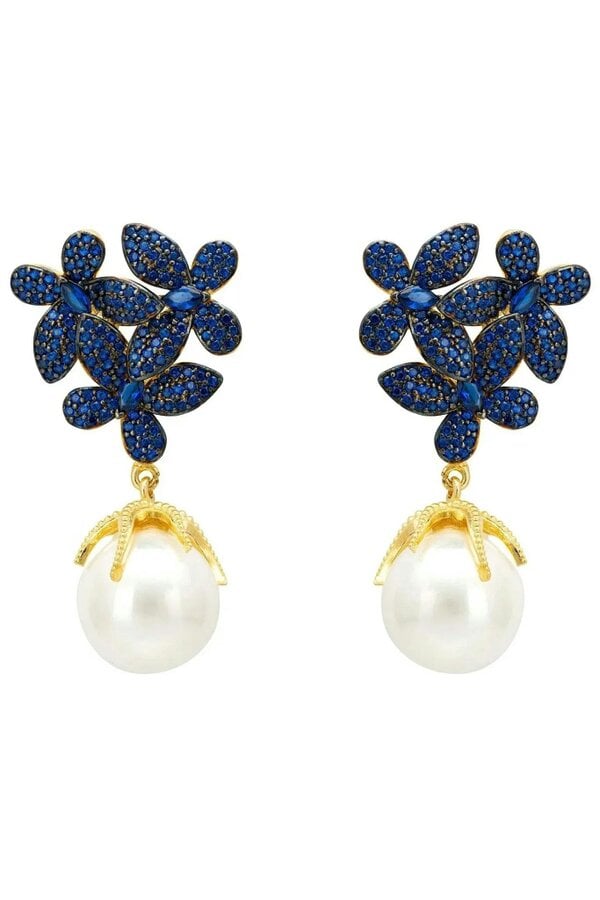 Latelita Flowers Pearl Earrings Sapphire Blue Gold