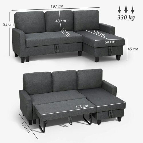 Wyld Haus Lulo Dark Grey Fabric Upholstered 3 Seater Sofa Bed With Storage