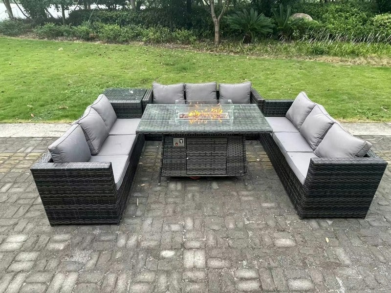 Fimous 9 Seater Rattan Garden Furniture Sofa Set Outdoor Patio Gas Fire Pit Dining Table Gas Heater Burner With Side Table Dark Grey Mixed