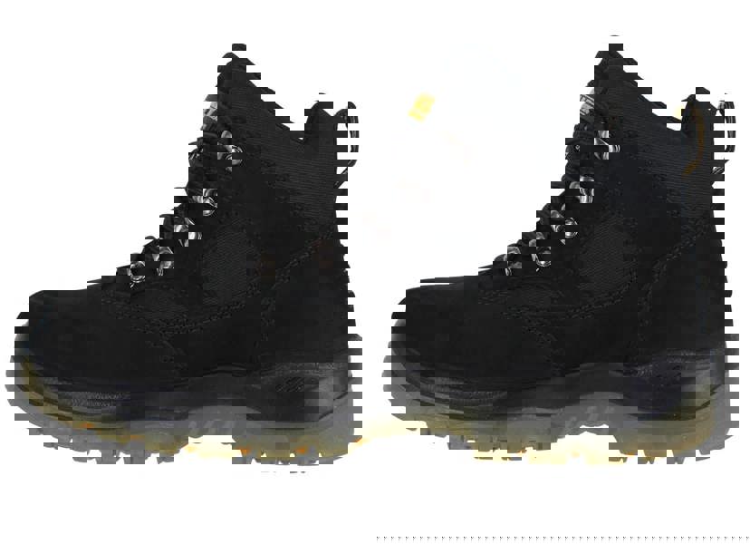 DeWalt Challenger Mens Waterproof Safety S3 Steel Toe Work Boots, black ankle-high work boots with sturdy construction, metal eyelets, and a rugged non-slip sole for safety and durability.