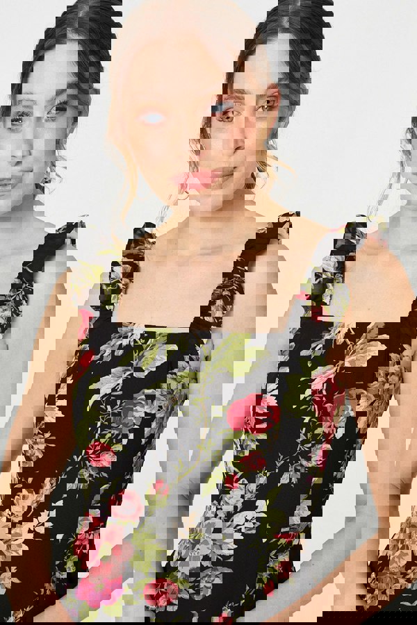 Black | Floral Frill Sleeveless A-Line Midi Dress
