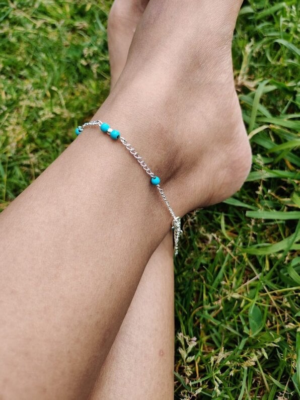 The Colourful Aura Turquoise Silver Beaded Sea Beach Surf Summer Anklet
