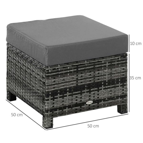 Square grey wicker ottoman footstool with padded seat cushion and base legs