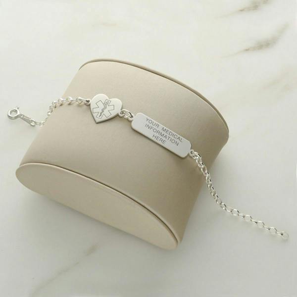 Christopher James of London Sterling Silver Medic Aware Heart And Tag Bracelet With Engraving