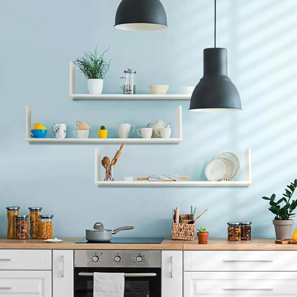 White U-shaped floating wall shelves with open cubbies for kitchen counter accessories