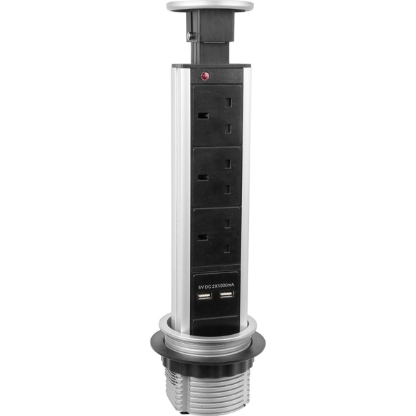 Axiom Pop-Up Tower Socket 3 Gang with 2 USB Sockets - Silver Finish