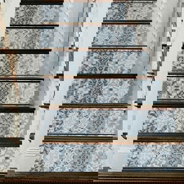 WFS031 - Light Blue Floral Tiles stairs stickers