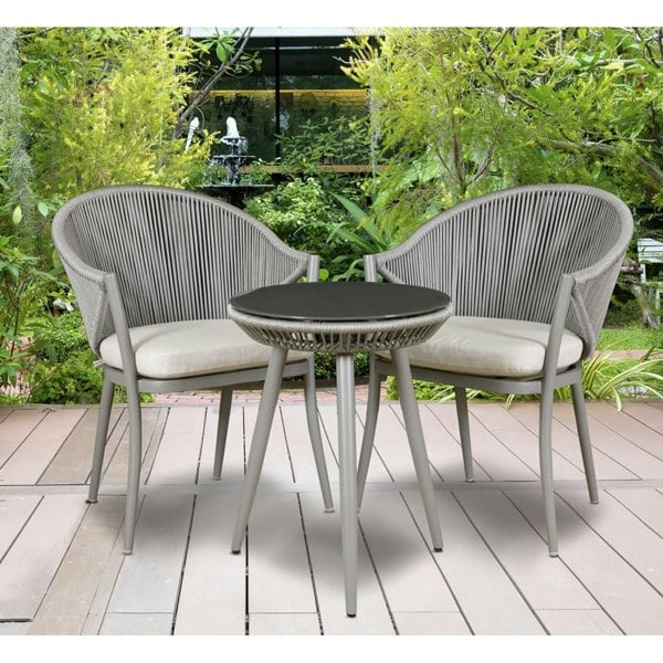 3pc Garden Bistro Set - Aluminium & Rope - Outdoor Dining Chair Round Table Grey - LoopsDirect