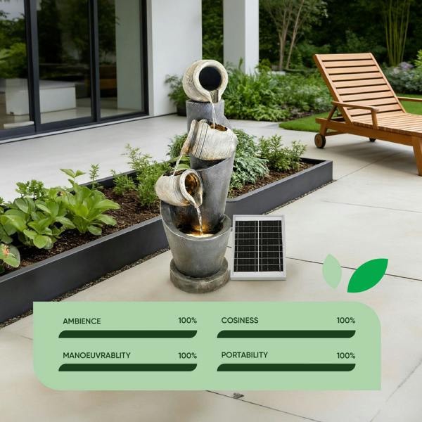 Gardenwize Solar Water Feature – 3 Tier Cascading Jar Fountain with LED Lights & Battery Backup