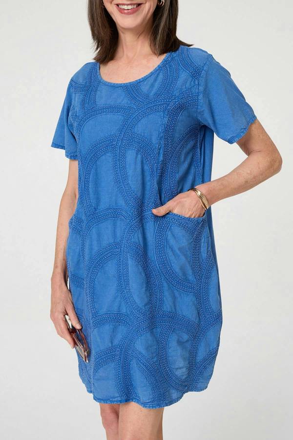 Blue | Embroidered Texture Short Shift Dress