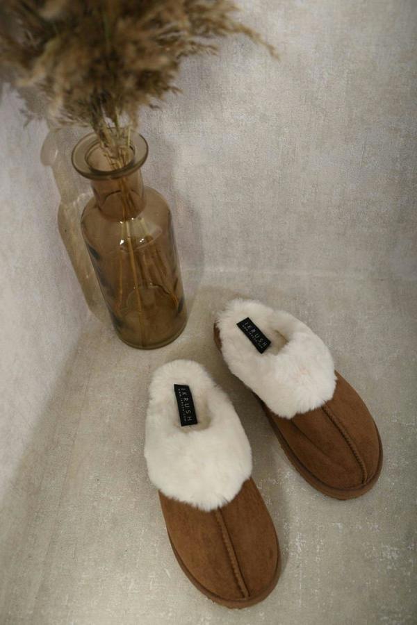 Josie Fuzzy Faux Fur Lined Slip-on Slippers - Chestnut